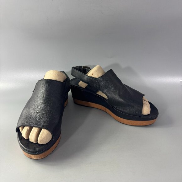 Stuart Weitzman Women's Black Slingback Leather Platform Wedge Sandals, Size 6.5 - Picture 1 of 12